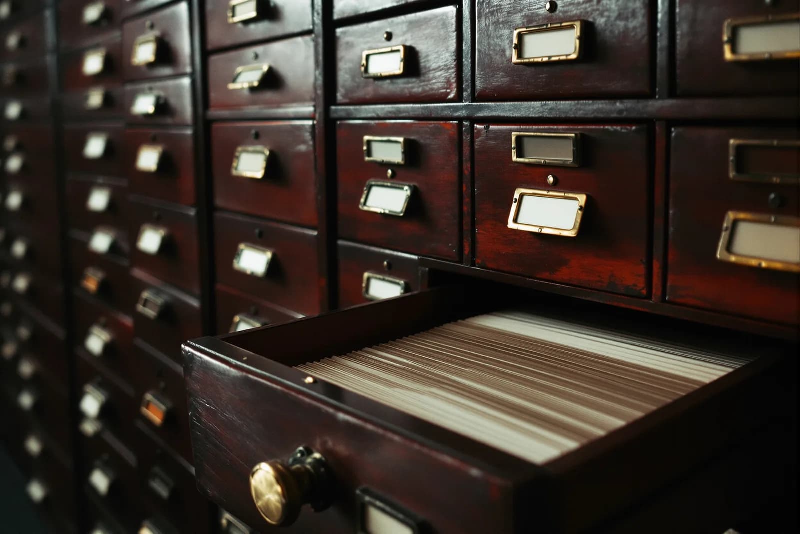 Archival card-catalog drawers, one open with aged index cards